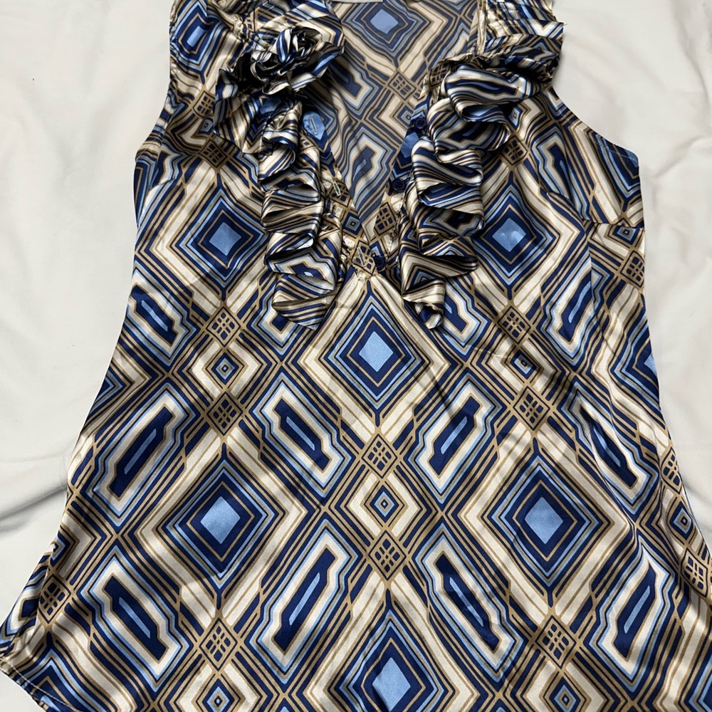New York & Company Blue Ruffled Sleeveless Blouse
